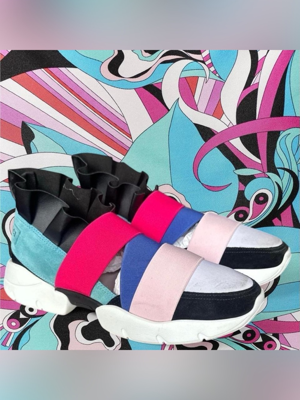 Emilio Pucci Colorblock Ruffled Elastic Strap Sneakers — Pink, Blue & Black